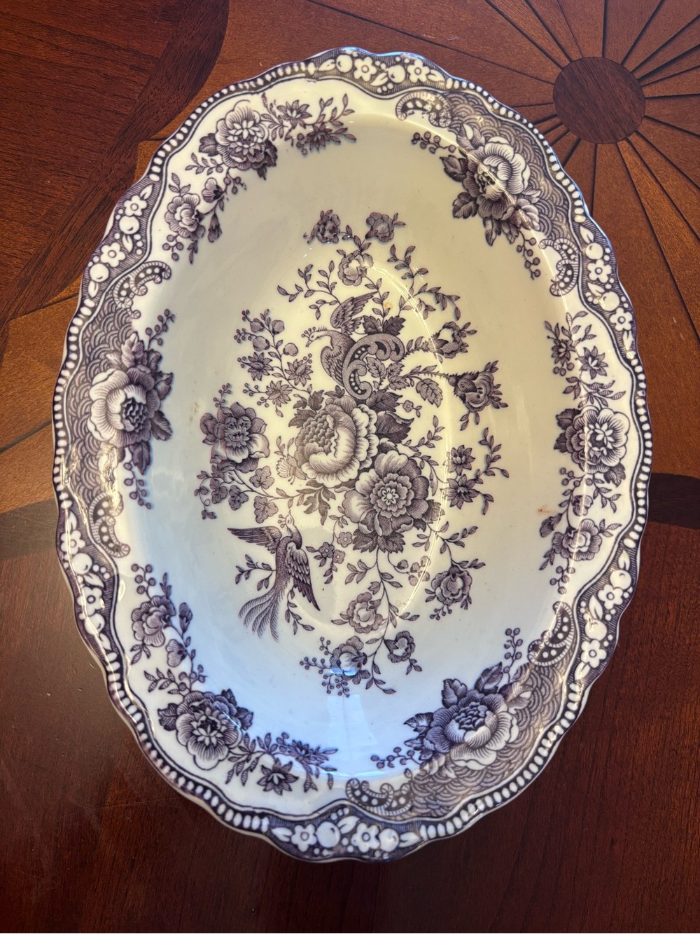 Ornate Floral Oval Serving Platter in Purple and White